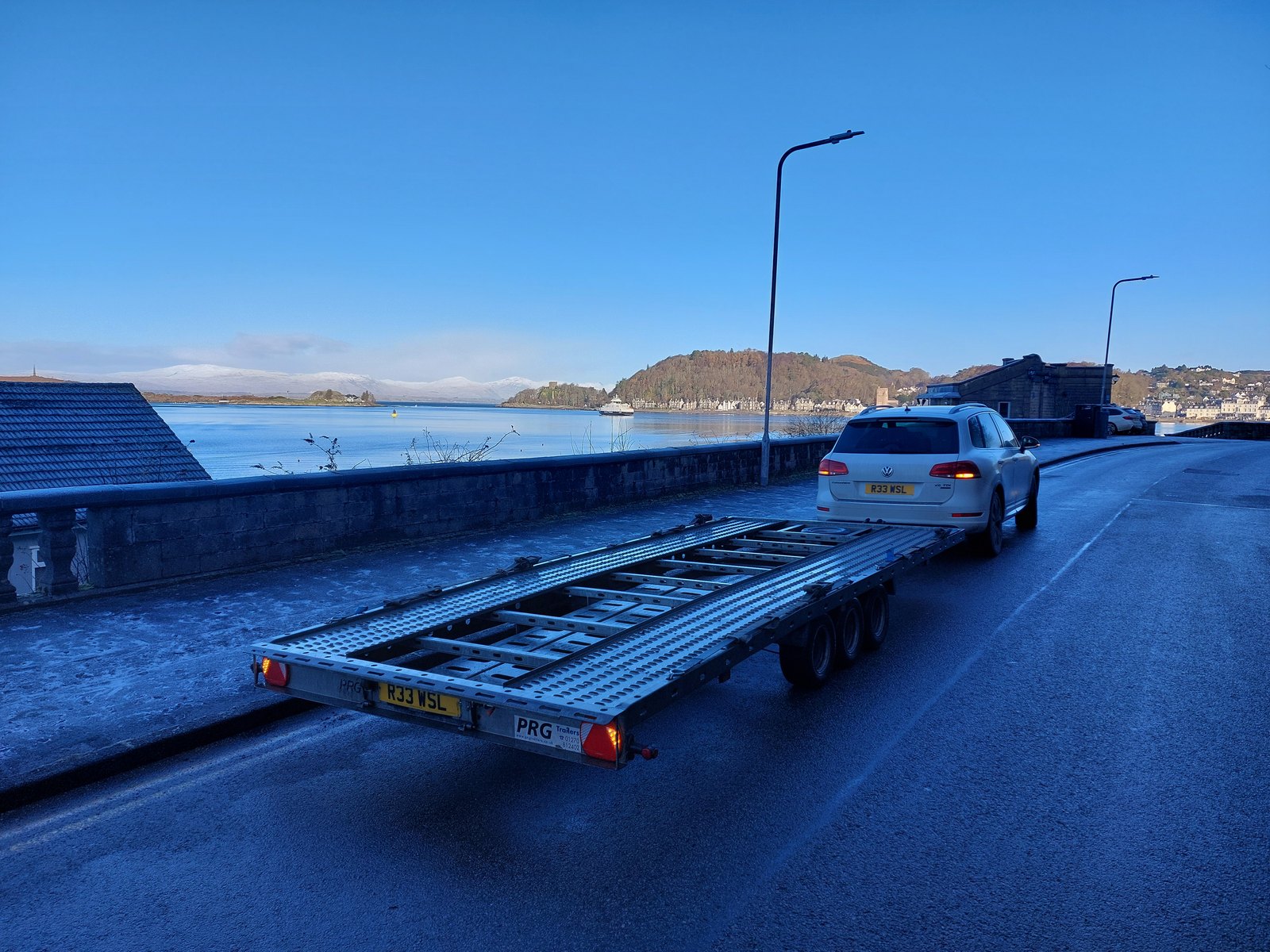 WS Logistics transporter at Oban on the west coast of Scotland after delivering the Camaro