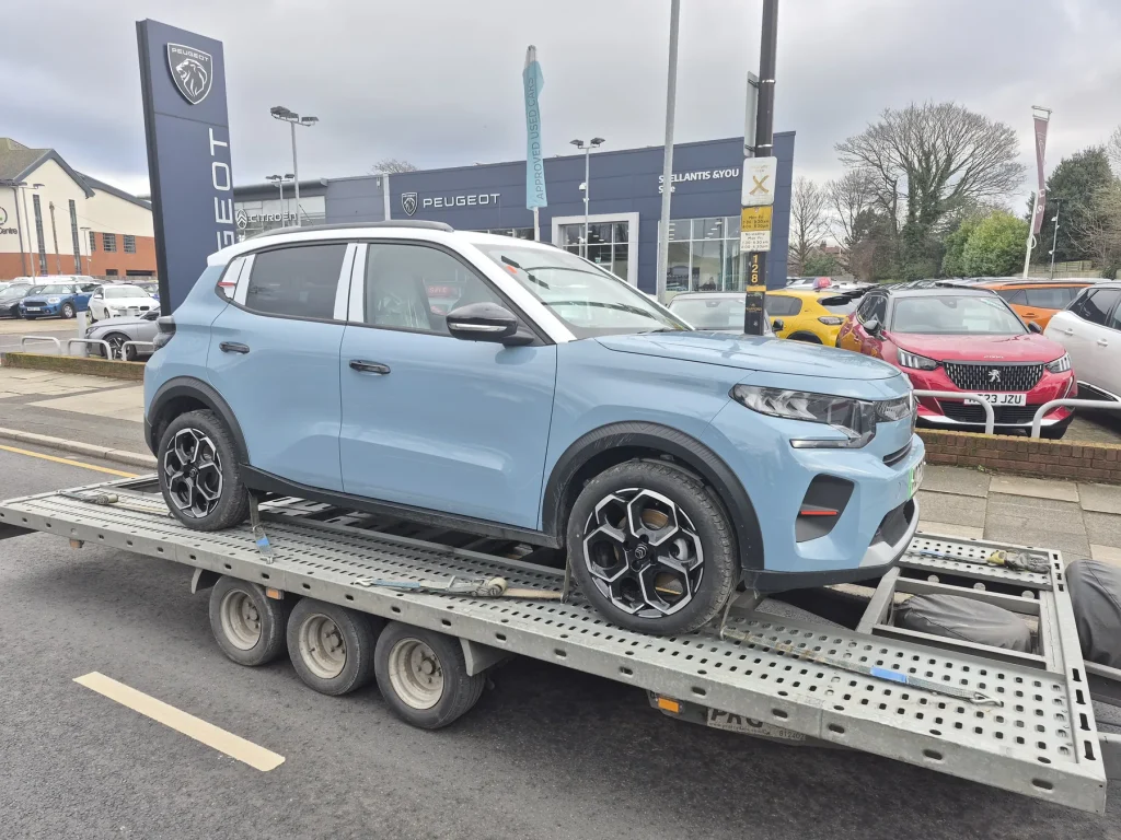 Blue Citroen C3 new car dealer delivery by WS Logistics, Lancashire and North West