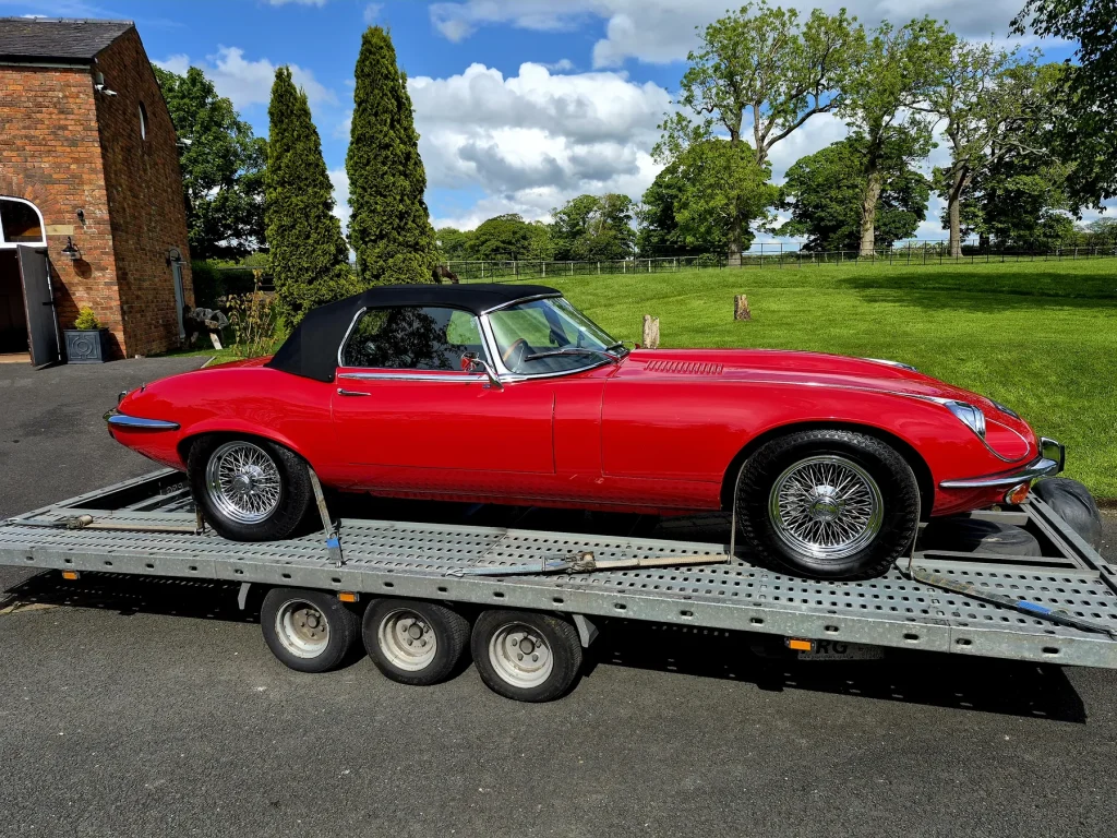 Classic Jaguar E-Type on WS Logistics transporter, vehicle delivery across Lancashire and the North West