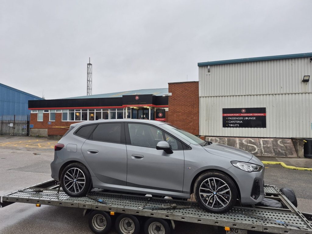 Car delivered to the Isle of Man Steam Packet Company terminal at Heysham on the WS Logistics trailer