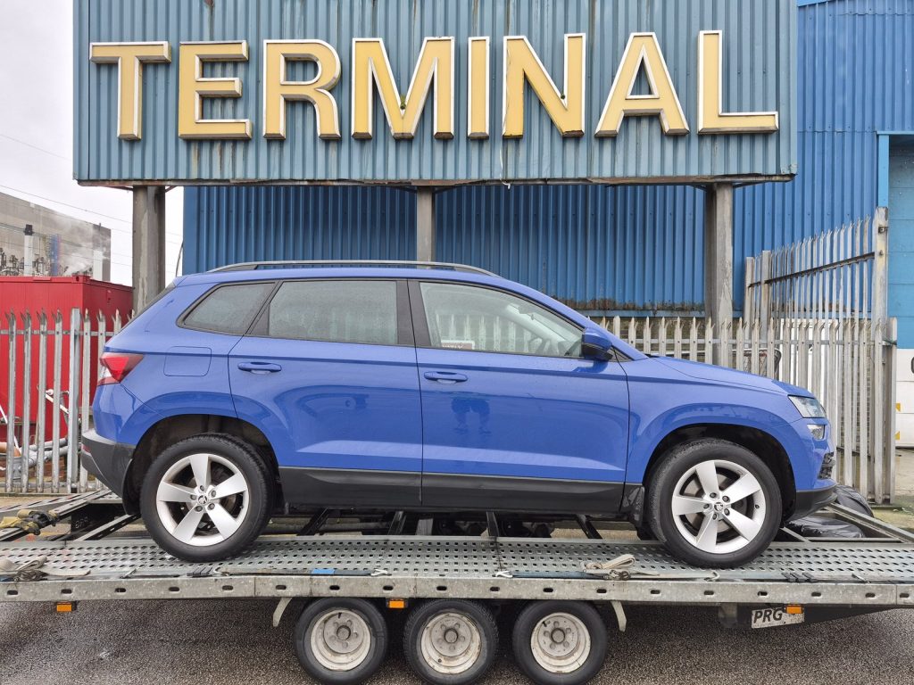 Car loaded on the WS Logistics transporter at the Isle of Man Steam Packet terminal, Heysham