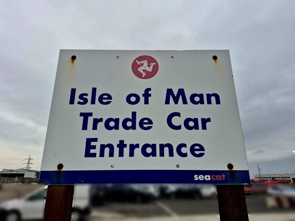 Isle of Man Trade Car Entrance sign at the Steam Packet terminal in Heysham