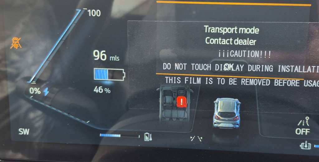 Ford Puma Gen-E dashboard in transport mode showing 46% battery charge and 96 miles of range