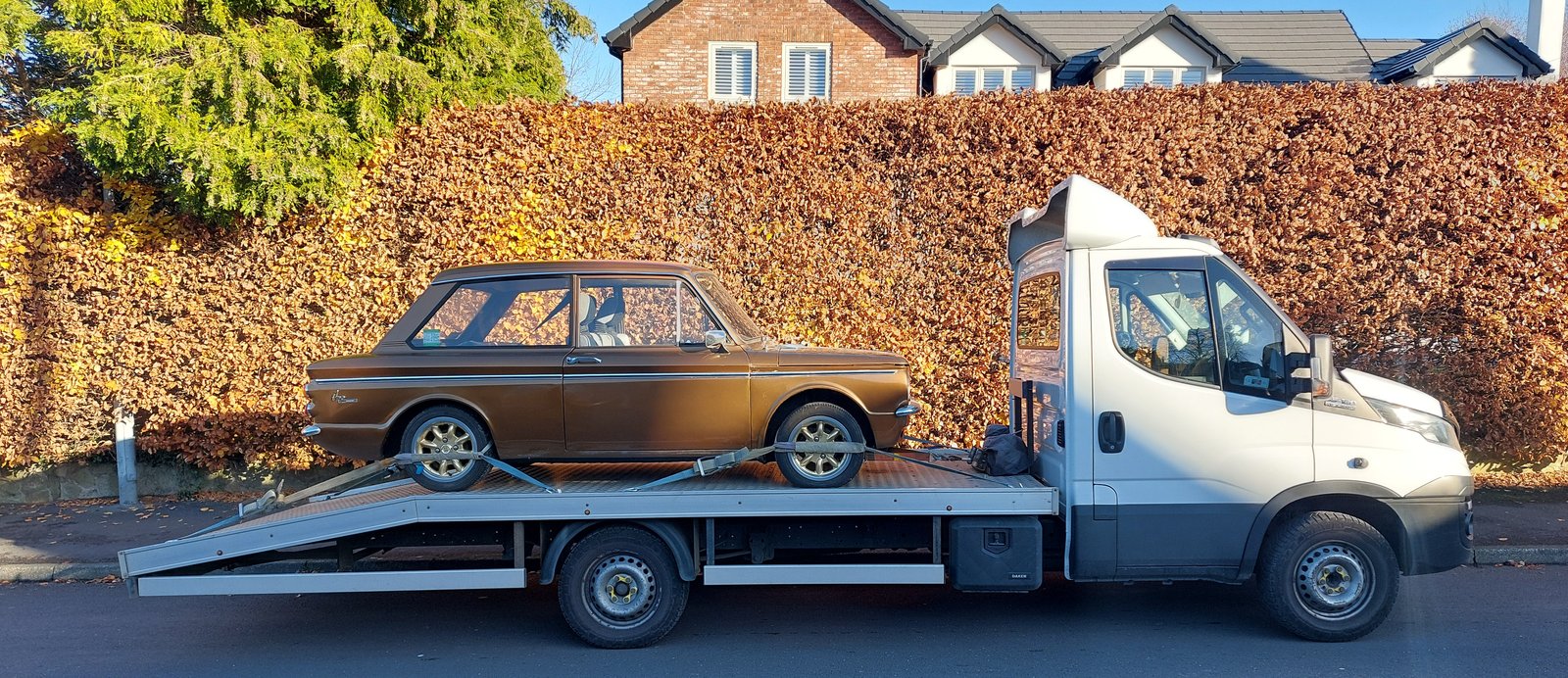 Hillman Imp on the WS Logistics transporter for a classic car delivery in Lancashire